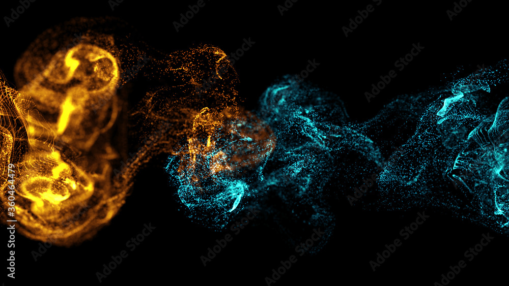 Poster 3d render of asbtract fractal particles field. detailed chaotic fluid motion simulation.