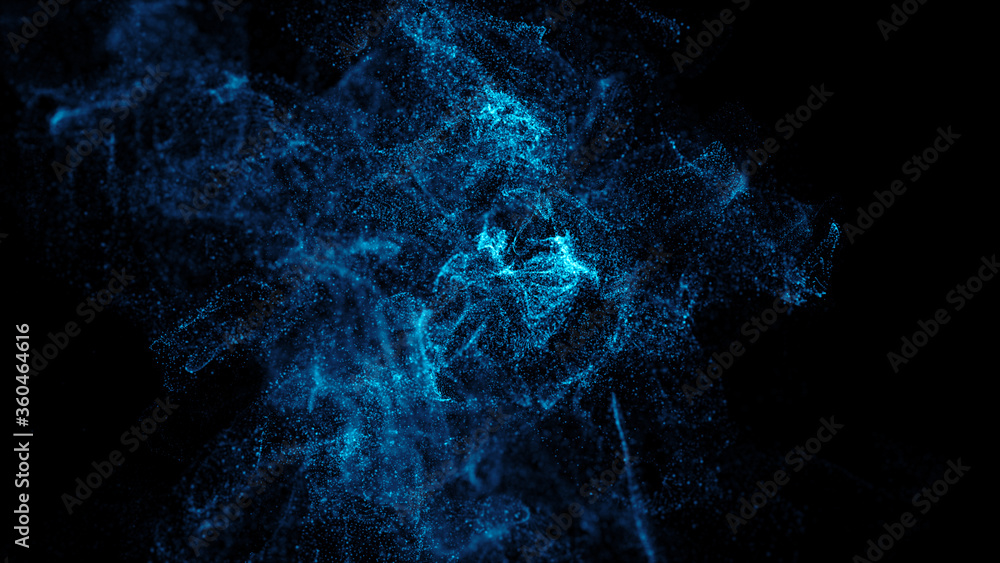 Poster 3d render of asbtract fractal particles field. detailed chaotic fluid motion simulation.