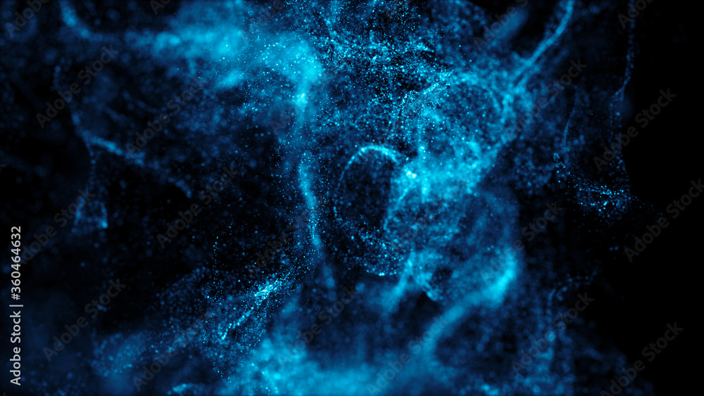Poster 3d render of asbtract fractal particles field. detailed chaotic fluid motion simulation.