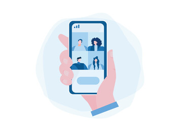 Meeting , video conference on a mobile phone. Vector illustration for web banner, infographics, mobile.  Cloud Meetings.