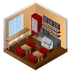 the interior of a cafe or coffee shop in the style of isometry