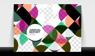 Horizontal A4 business flyer annual report template, circles and triangle style shapes modern geometric design for brochure layout, magazine or booklet