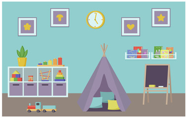 Fototapeta premium interior of a children's room with toys and a wigwam and a blackboard in a flat style