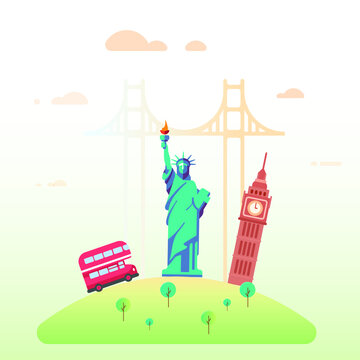 Tourism Icons Vector Illustration. Famous Places Of World. London Bus. Liberty Statue. London Tower. Bridge.