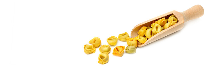 Italian traditional tortellini pasta isolated on white background. Wide photo. Free space for text.