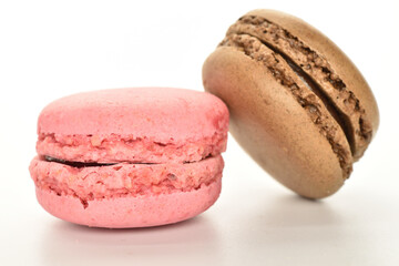 Tasty multi-colored, sweet macaroons, on a white background.
