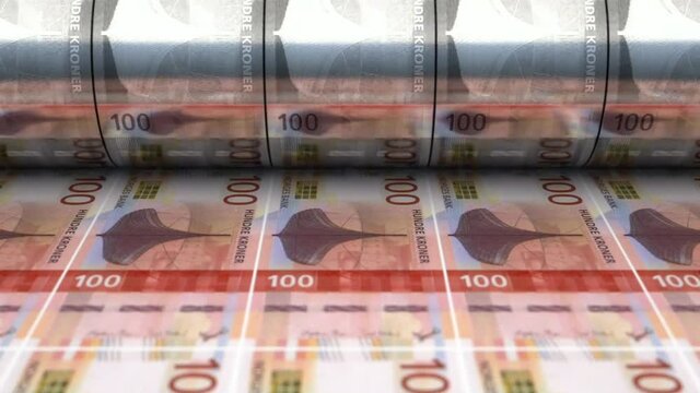 A loop able animation concept image showing a long sheet of new Norwegian Kroner bank notes going through a print roller in its final phase of a print run	