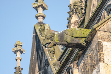 Roof figure of scary gargoyle at main facade of cathedral in Magdeburg during sunset, Germany, closeup, details