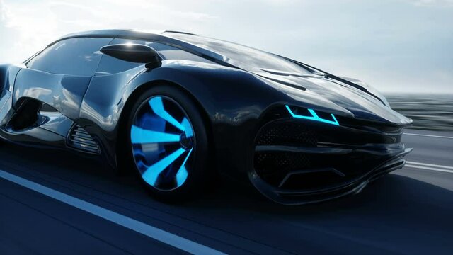 black futuristic electric car on highway in desert. Very fast driving. Concept of future. Realistic 4k animation.