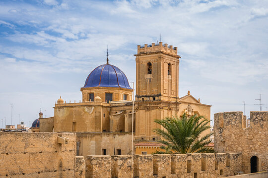 Blue dome and bell tower of the Santa Mar&iacute;a Basilica of Elche, Alicante, Valencia, Spain, Europe
