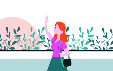 a lady holds the bag on her shoulder, and with the other hand she greets someone, and on the fence there are flowers, vector, cartoon.