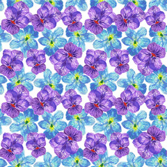 Watercolor gouache pansy floral hand drawn botanical blossom illustration seamless pattern repeat