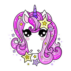 The head of a unicorn with a pink mane. Children's design. Vector
