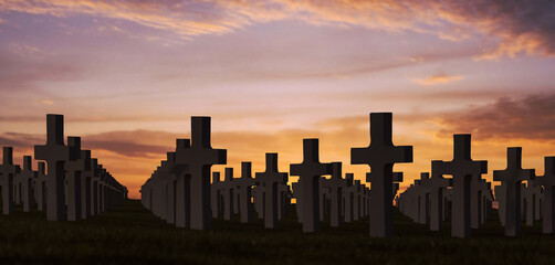 Obraz na płótnie Canvas Old graveyard tombstones at evening sunset.