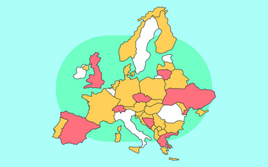 colored europe map on blue background,cartoon,vector.