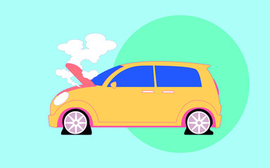 the orange car sits with the hood open, under the hood smoke comes out,the car broke down,illustration,cartoon.