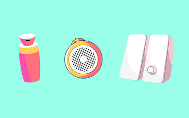 we see three gadgets, an air humidifier, a portable speaker and 2 computer speakers,illustration,cartoon.
