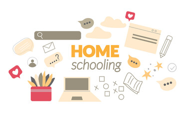 The concept of homeschooling. Online education, training, courses, e-learning, distance learning. Home office. Flat vector illustration isolated on white background. Landing page template