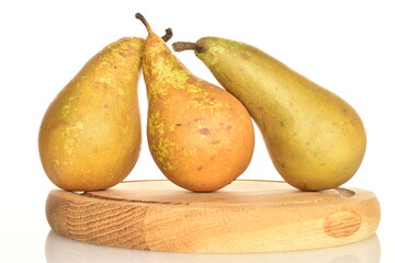 Ripe organic pears, close-up, on a white wooden table.