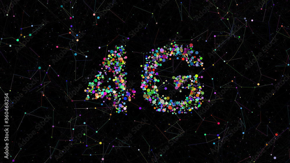 Poster 4g title made of circles with random colors. plexus elements around it. technology colorful backgrou