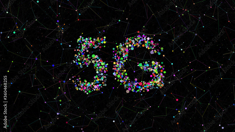 Poster 5g title made of circles with random colors. plexus elements around it. technology colorful backgrou