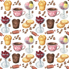 Sweet seamless pattern with desserts, muffins, candies, cookies, ice cream and cup of coffee. Bright and warm watercolor illustration. Intensive and dense background. 