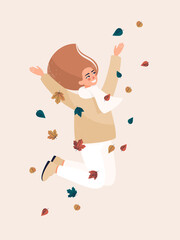 Vector happy blonde woman jumping and smiling with leaves. Autumn illustration