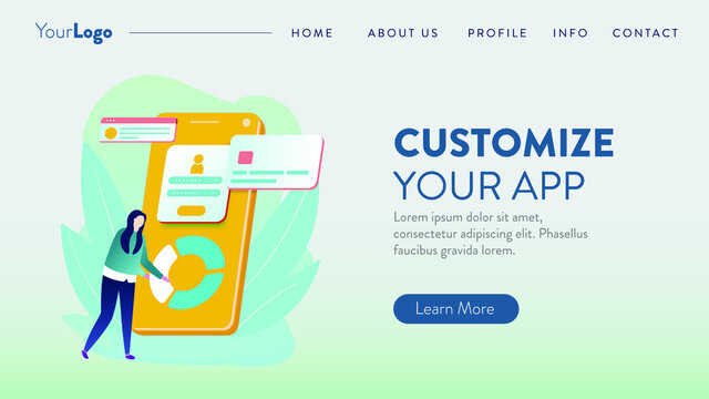 Customizing App Development with woman and smartphone graphic. Modern flat design illustration of App development. Can be used for website and mobile website or Landing page. Easy to edit and customiz