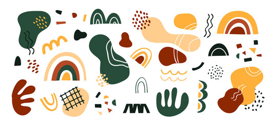 Hand drawn set of various shapes and doodle objects. Abstract modern modern trendy vector illustration. Stamp texture, rainbow, spot, line, zigzags. Green, yellow and red.