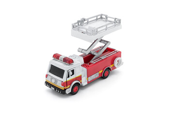 Children's toy Red fire truck with lift tower close up on white background