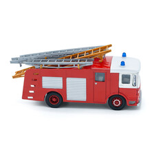 Children's toy red fire truck on a white background
