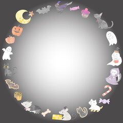 水彩風のかわいいハロウィーンのフレーム(夜・内側白)