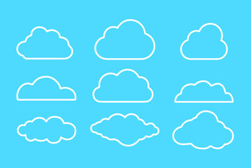 Set of clouds isolated on blue background. Weather signs. White paper stickers. Collection of clouds icon. EPS 10