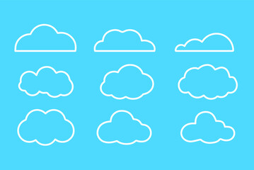 Set of clouds isolated on blue background. Weather signs. White paper stickers. Collection of clouds icon. EPS 10