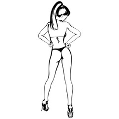 Sexy young girl in a bikini and high-heeled shoes. Woman with beautiful long legs. Isolated vector.