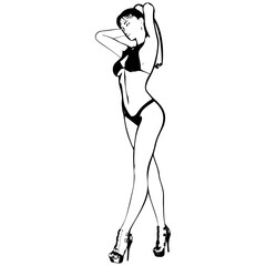Sexy young girl in a bikini and high-heeled shoes. Woman with beautiful long legs. Isolated vector.
