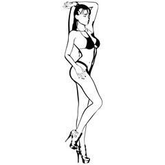 Sexy young girl in a bikini and high-heeled shoes. Woman with beautiful long legs. Isolated vector.