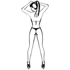 Sexy young girl in a bikini and high-heeled shoes. Woman with beautiful long legs. Isolated vector.