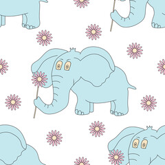 Seamless pattern with elephant and flowers. Cute animal.