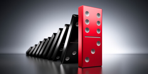 Fallende schwarze Dominosteine und ein roter Stein in einer Reihe