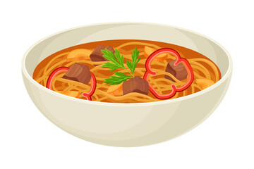 Lagman Dish Composed of Mutton, Vegetables and Long Noodle Poured in Bowl Side View Vector Illustration