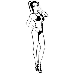Sexy young girl in a bikini and high-heeled shoes. Woman with beautiful long legs. Isolated vector.