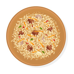Uzbek Traditional Dish of Rice, Vegetables, Meat and Spices Called Pilaf Top View Vector Illustration