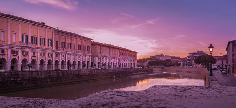 Senigallia, the Misa river crosses the historical center of the city at sunset. Marche, Italy