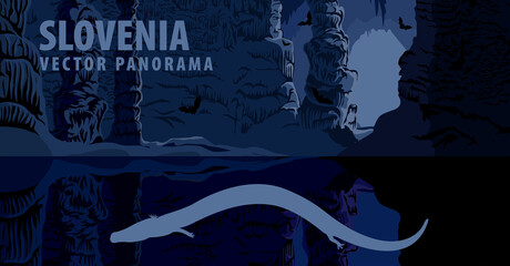 vector panorama of Slovenia with olm in cave