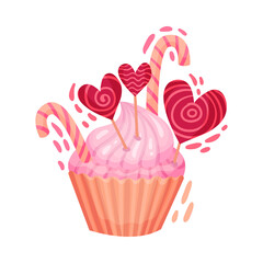 Sweet Cupcake with Candies as Saint Valentine Day Symbol Vector Illustration
