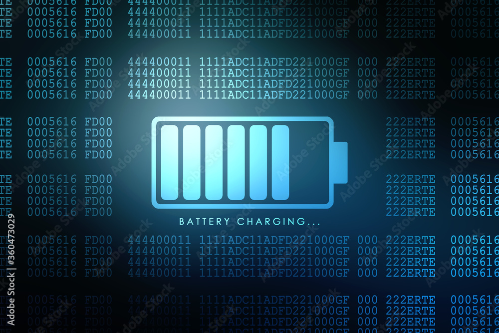 Poster 2d rendering electrical energy and power supply source concept, accumulator battery with charging le