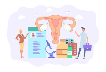 Artificial insemination technologies, surrogate mother, conception of a child, pregnancy. Uterine disease in women. Treatment of female organs. Colorful vector illustration.