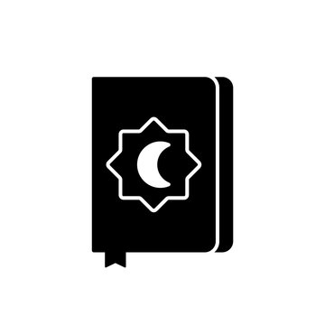 Silhouette Koran. Outline icon of Islamic sacred book. Black simple illustration of muslim religious accessory with Rub El Hizb star, moon, bookmark. Flat isolated vector pictogram, white background