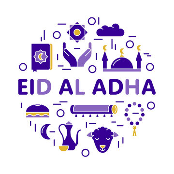 Eid Al Adha color round print. Silhouette islamic icon with text. Koran, star, moon, hand, ram, mosque, prayer rug, holy rosary. Outline religious poster. Flat isolated vector emblem, white background